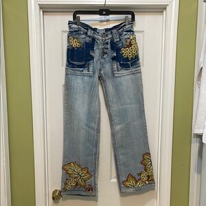 Upcycled blue jeans - hand sewn material patches -OOAK - button fly - size 9/10